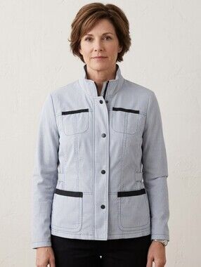 ALIA Petites Striped Utility Jacket Snap Trim Pockets Lightweight